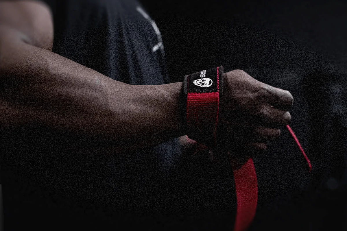 Red and black wrist wrap on a wrist, close-up